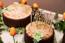 wood log wedding cakes with Just Married cake topper