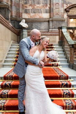 couples Portraits on the stairs of Sheffield Town Hall